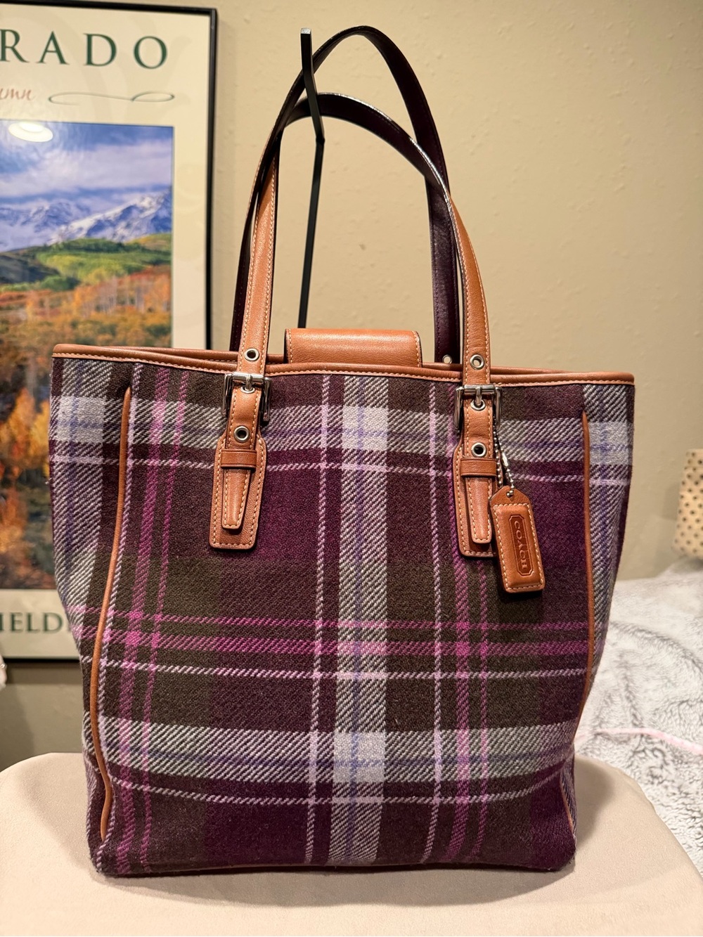 Vintage Coach Hampton Tartan Wool Tote Bag & Wristlet Set Purple Plaid EUC - Picture 3 of 16